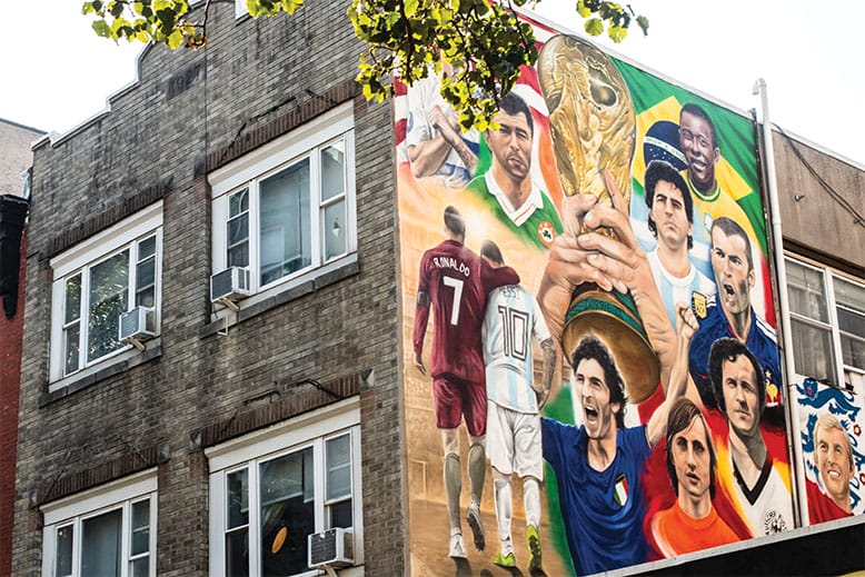 A World Cup mural painted on the exterior of Mulligan’s Pub in Hoboken