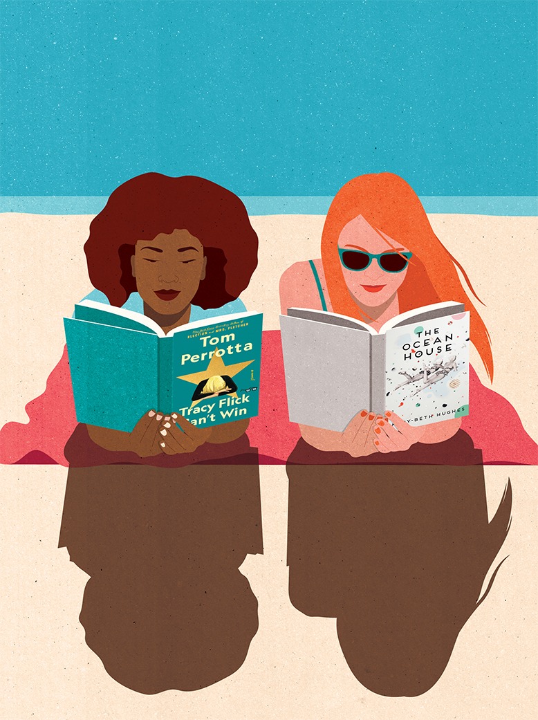 Illustration of two girls on a beach reading books by Jersey authors.