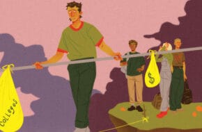 Illustration of man walking on tightrope over cliff holding bar being weighed down with bags marked "colleges" and a money symbol, as three bystanders watch in distress