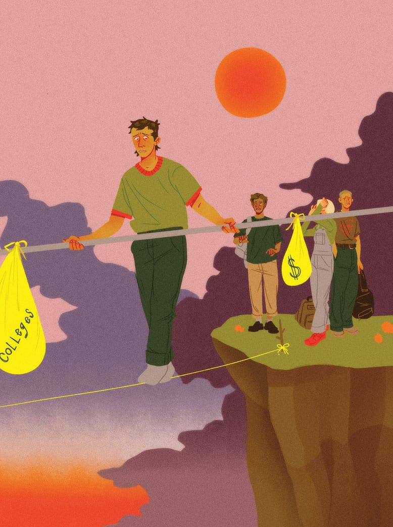 Illustration of man walking on tightrope over cliff holding bar being weighed down with bags marked "colleges" and a money symbol, as three bystanders watch in distress