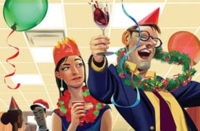 Illustration of people at a holiday office party