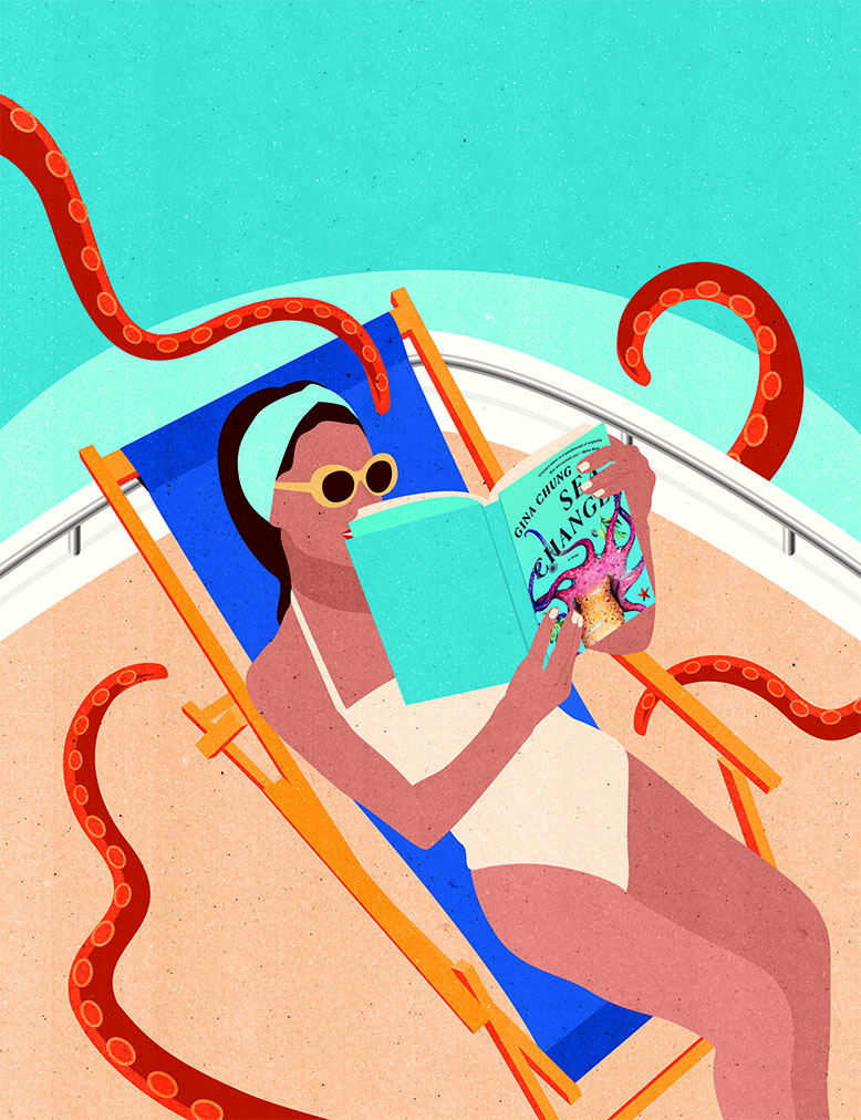 Illustration of woman on boat reading "Sea Change" by Gina Chung