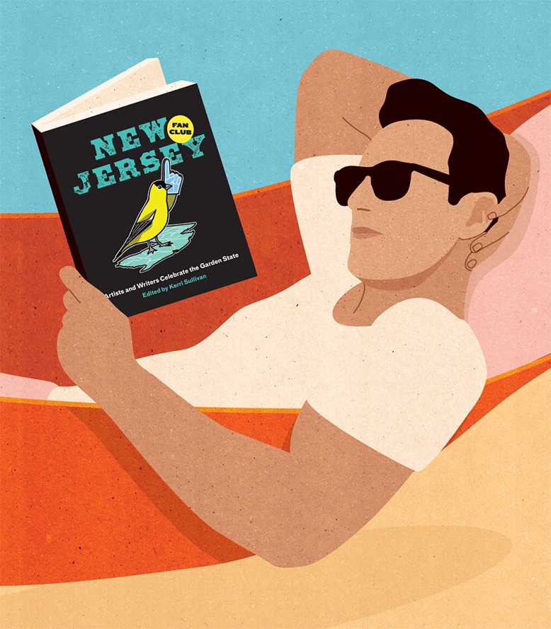 Illustration of a man in a hammock reading "New Jersey Fan Club," a collection edited by Kerri Sullivan.