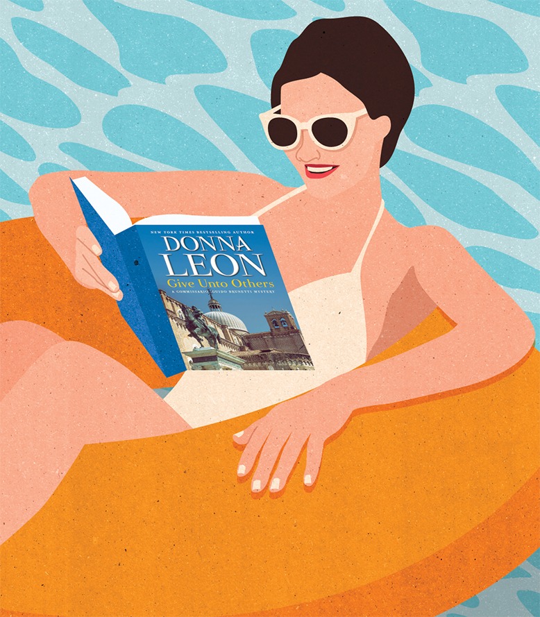 Illustration of a woman in a pool float reading a "Give Unto Others" by Donna Leon.