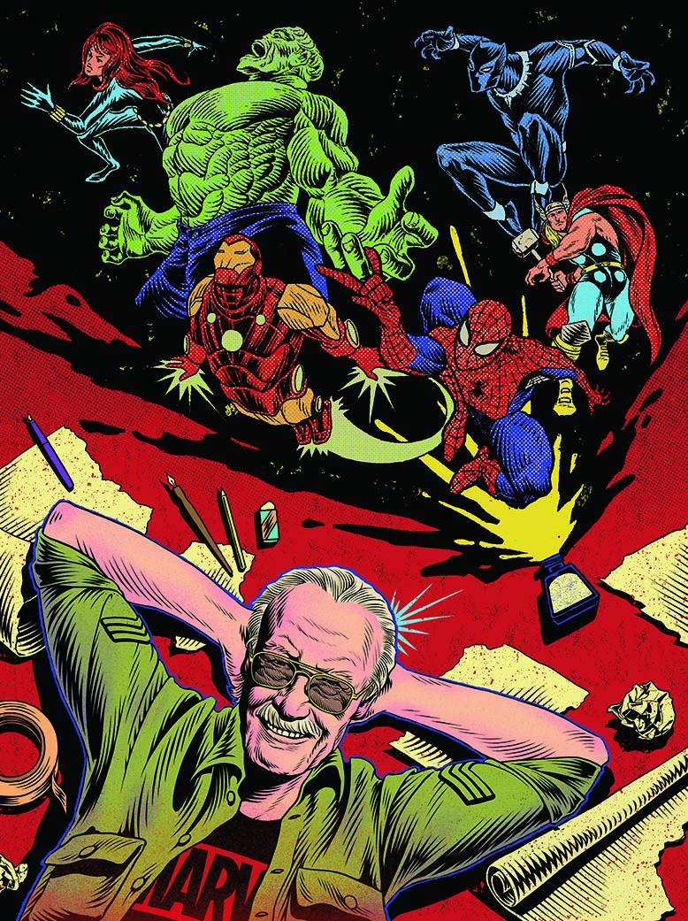 Illustration featuring comic book writer Stan Lee and several of his iconic characters