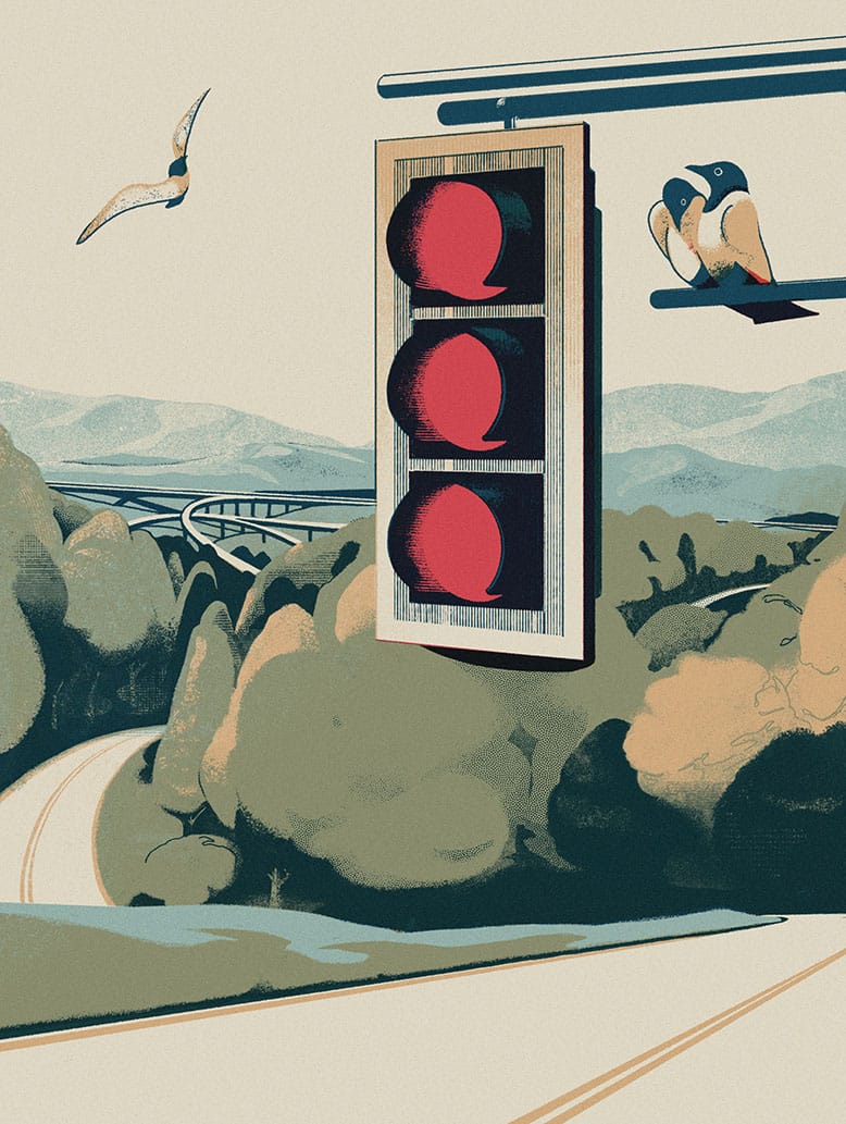 Illustration of a traffic light with three red lights