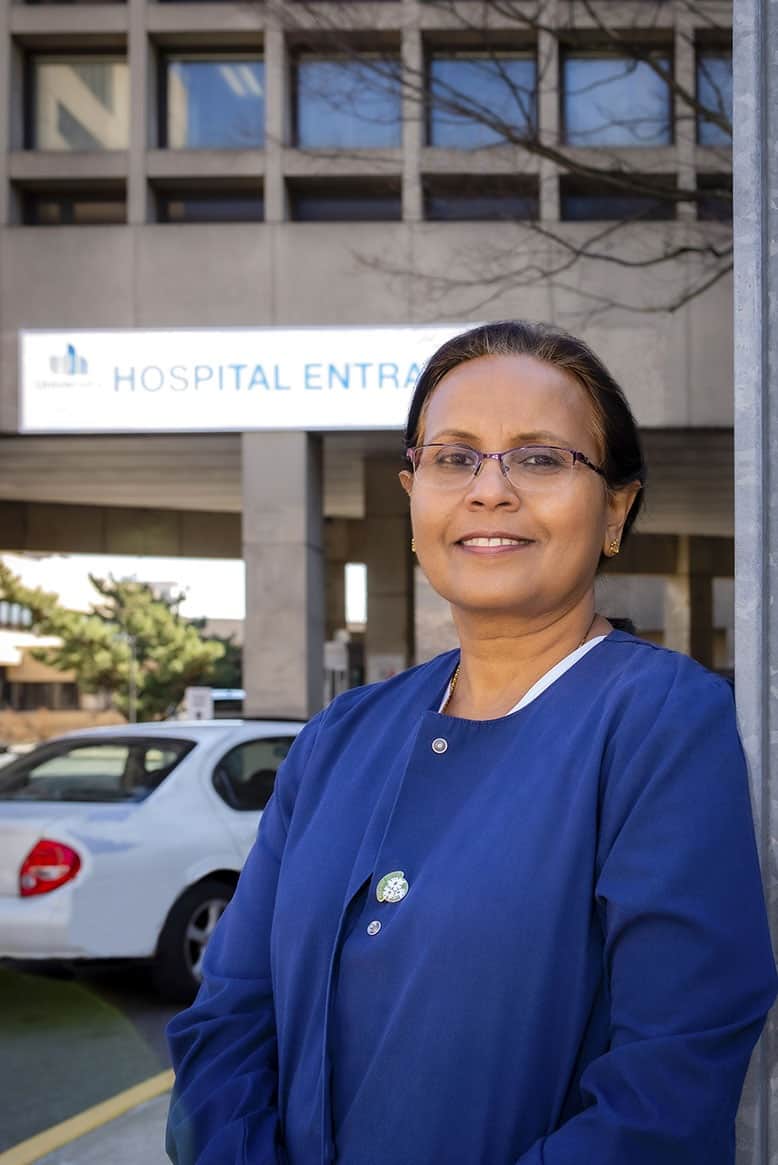 Nurse Sheela Alex outside University Hospital Newark