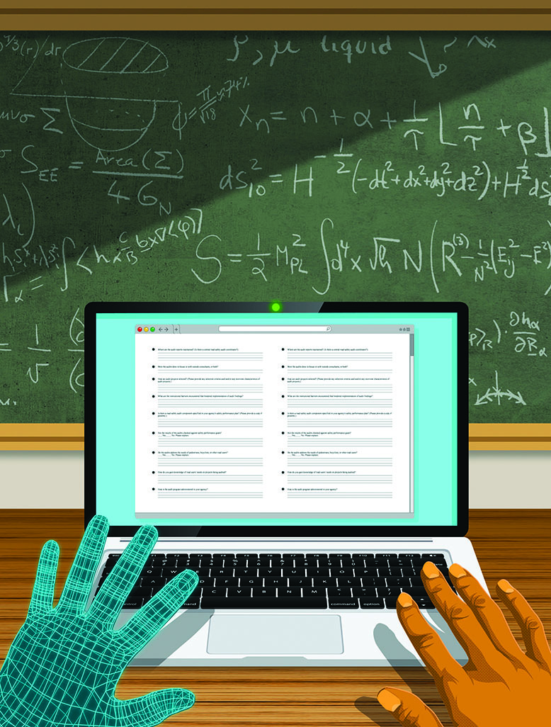 Illustration of an assignment being typed in a classroom, in front of a chalkboard, on a computer by two hands—one human hand and one artificial hand