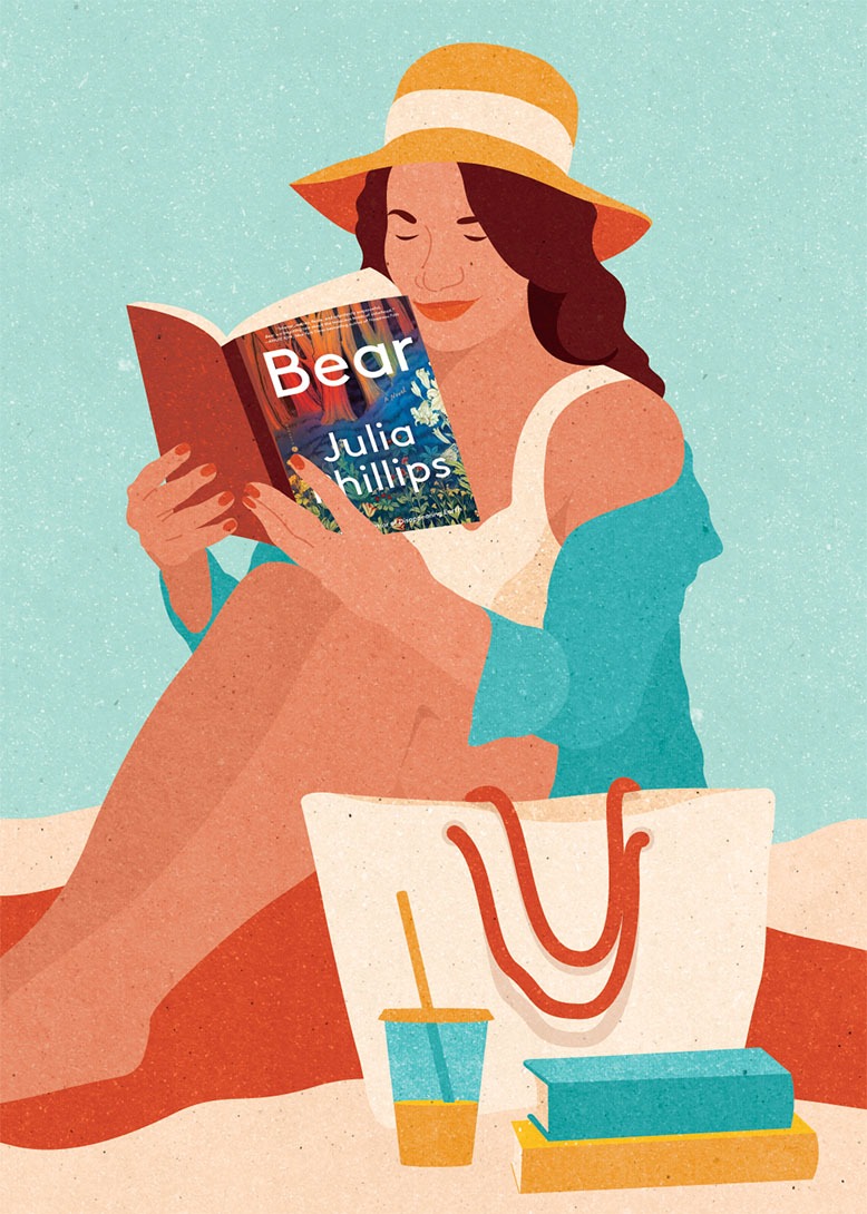 Illustration of woman at the beach reading "Bear" by Julia Phillips