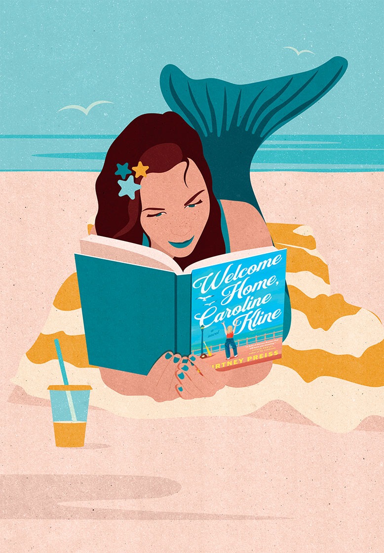 Illustration of mermaid reading "Welcome Home, Caroline Kline" by Courtney Preiss