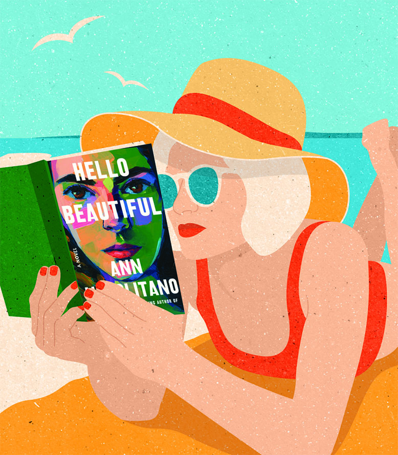 Illustration of woman at beach reading "Hello Beautiful" by Ann Napolitano