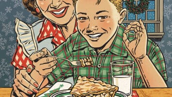 Illustration of a mother with her son, who is enjoying a piece of apple pie