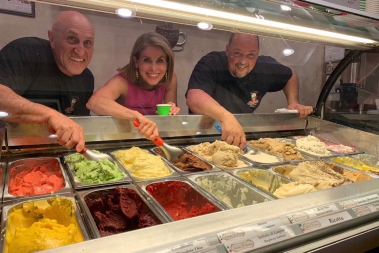 Co-owner Miguel Paletta, Fox 29's Kathy Orr and co-owner John Caiola at Gelato Dolceria in Haddonfield
