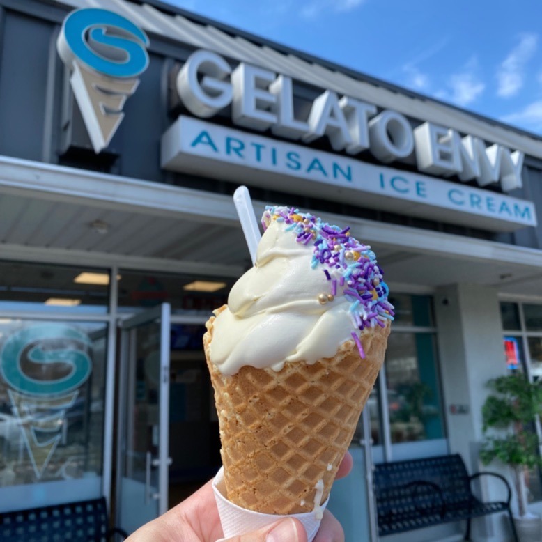 A cone of gelato outside Gelato Envy in Rockaway
