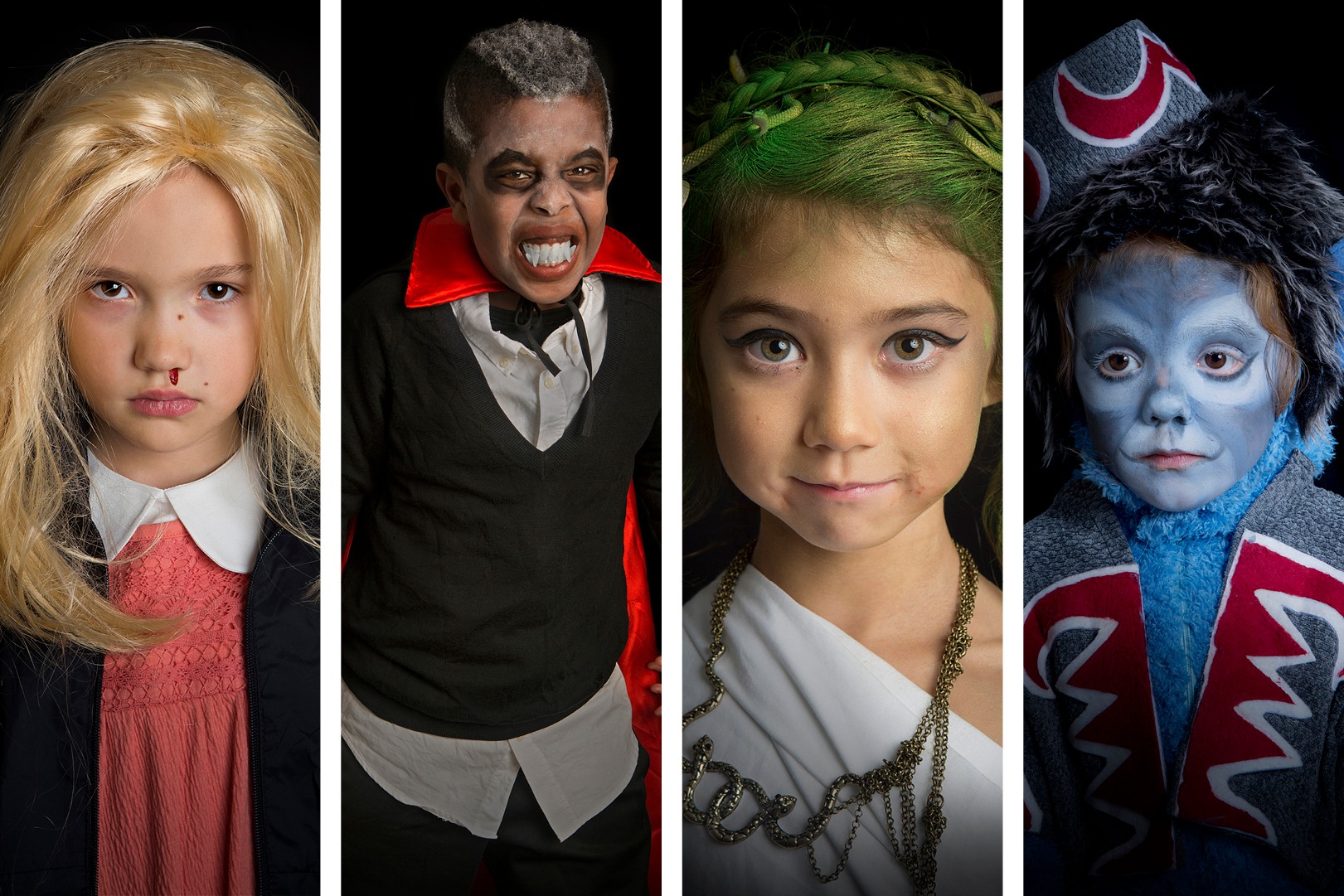 Collage of four portraits of young children in Halloween costumes