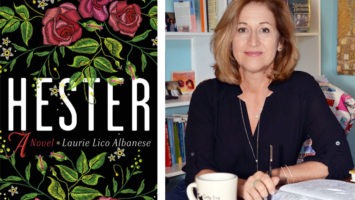Collage image featuring book jacket of author Laurie Lico Albanese's new novel, "Hester," and an author photo of Laurie Lico Albanese sitting at a desk with a pen and filled notebook