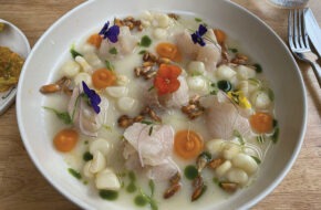 The ceviche at Libélula Bakery and Kitchen in Montclair is adorned with edible flowers