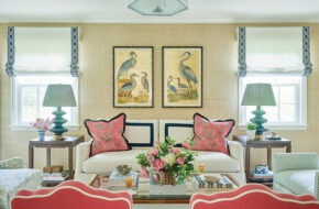 Living room in a Ridgewood home with a performance-linen sofa, cushy chairs, and a mix of mid-century and new artwork and decorative accessories