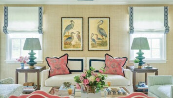 Living room in a Ridgewood home with a performance-linen sofa, cushy chairs, and a mix of mid-century and new artwork and decorative accessories