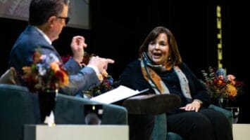 Stephen Colbert and Ina Garten in conversation onstage at the Montclair Film Festival