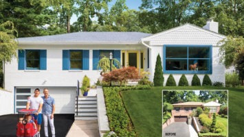 Family of four stands in the driveway of their mid-century home in Montclair