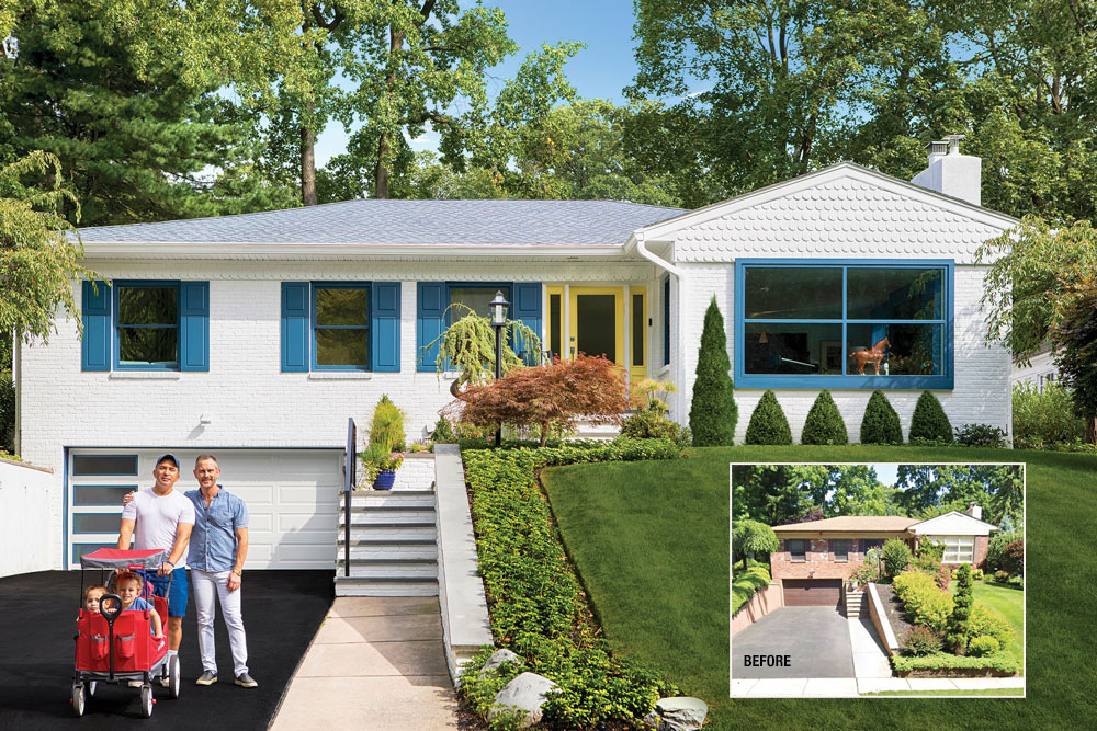 Family of four stands in the driveway of their mid-century home in Montclair