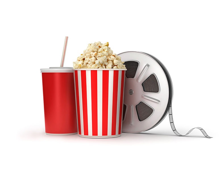 Movie reel, popcorn and soda