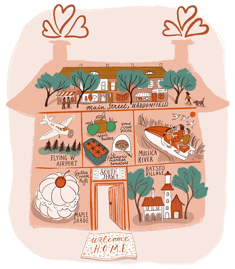 Illustration showing home with popular South Jersey locales and foods