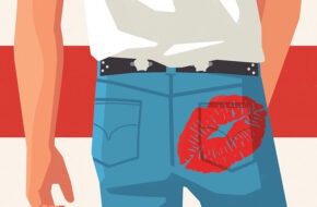 Illustration showing rendering of Bruce Springsteen's "Born in the U.S.A" album cover with red lips imprinted on his right back pocket