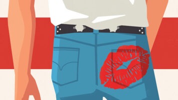 Illustration showing rendering of Bruce Springsteen's "Born in the U.S.A" album cover with red lips imprinted on his right back pocket