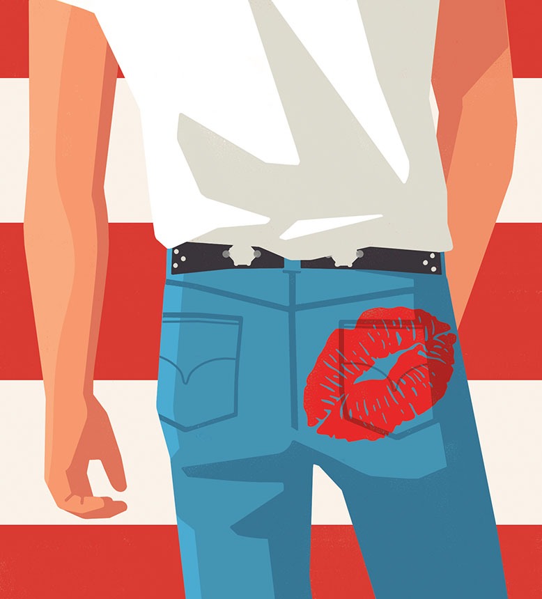 Illustration showing rendering of Bruce Springsteen's "Born in the U.S.A" album cover with red lips imprinted on his right back pocket
