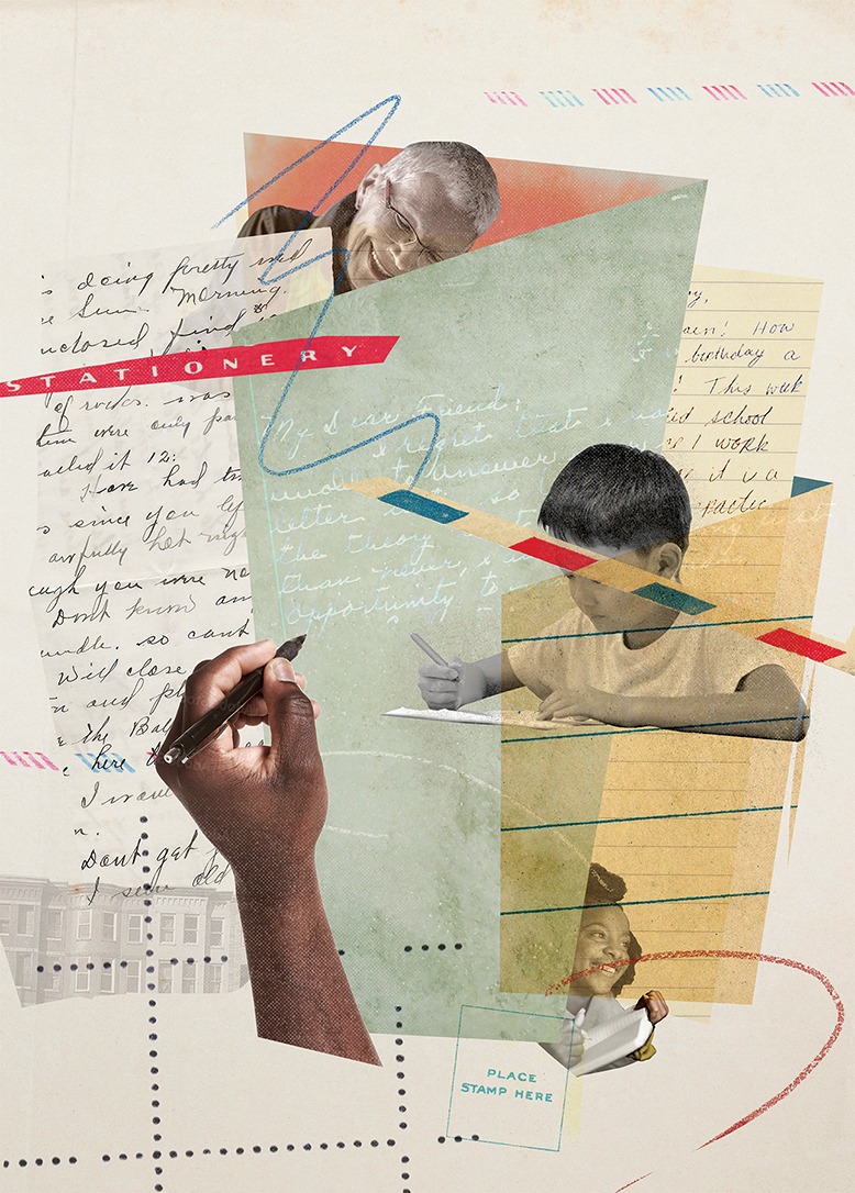 Collage illustration of mail, postage, and people writing and reading letters.