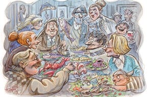 Illustration of big family enjoying a Feast of the Seven Fishes meal