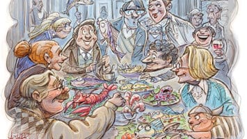 Illustration of big family enjoying a Feast of the Seven Fishes meal