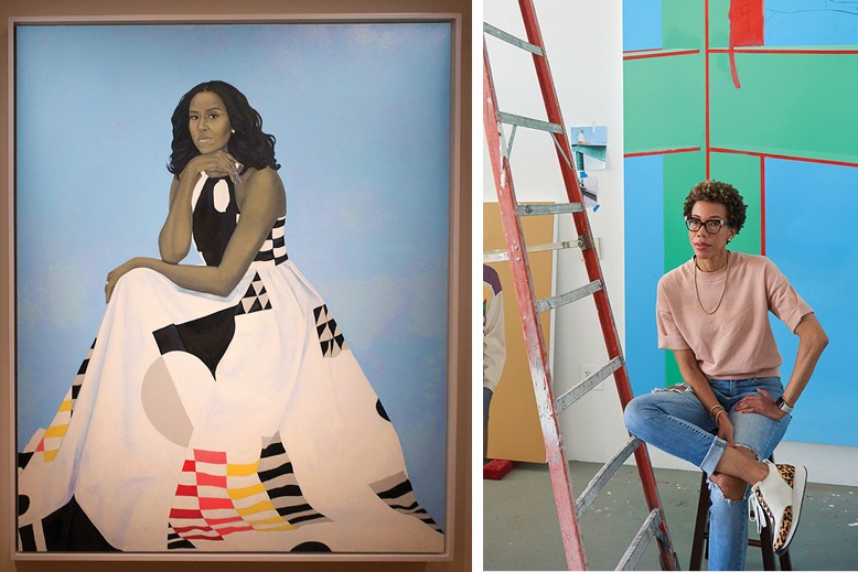 Split image of Michelle Obama's official portrait and a photo of its artist, Amy Sherald of Jersey City