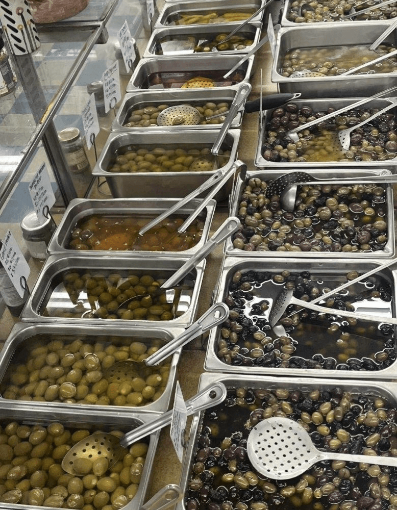 Varieties of fresh olives at The Greek Store in Kenilworth