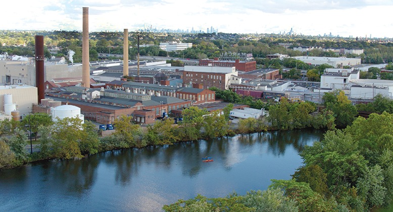 A view of the Passaic River with the Marcal Paper factory in Elmwood Park.
