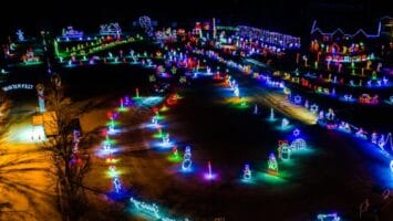 Aerial night shot of the Christmas Light Show at Skylands Stadium in Augusta