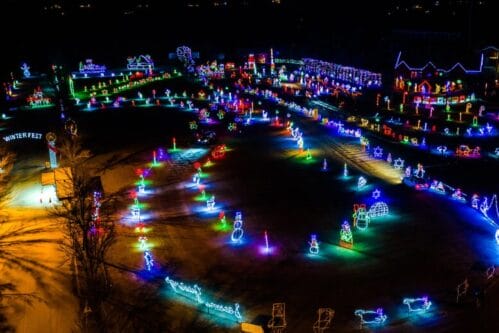 Aerial night shot of the Christmas Light Show at Skylands Stadium in Augusta