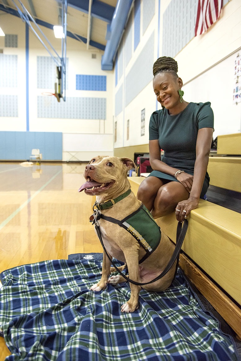 Rosetta Treece, superintendent of Hopewell Valley Regional schools, with pit bull Bruno Mars