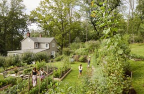 Nancy Kay Anderson gardening on her Lambertville property with daughter and granddaughters