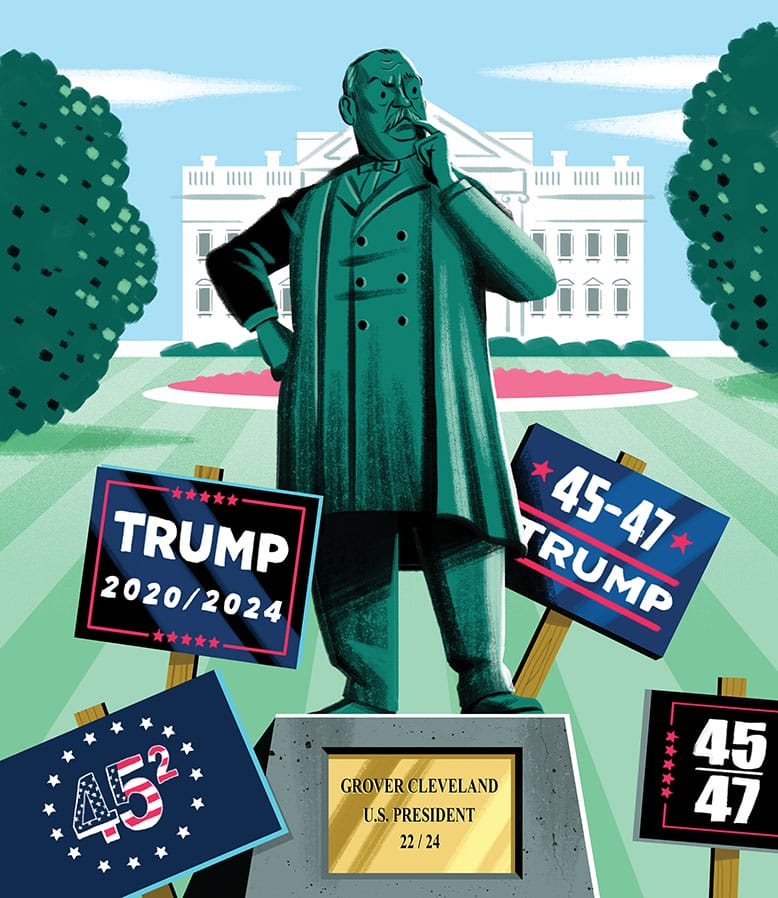 Illustration of a statue of Grover Cleveland in front of the White House surrounded by Trump election signs