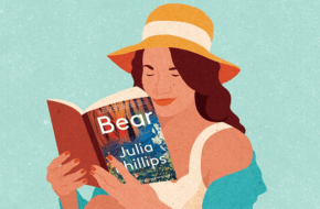 Illustration of woman at the beach reading "Bear" by Julia Phillips