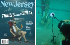 A collage featuring two images: New Jersey Monthly's May issue cover and a behind-the-scenes shot of photographer Rebecca Handler shooting it underwater.