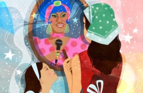 Illustration of a young girl looking up at her mothers who is looking in a mirror and sees a reflection of Celia Cruz smiling back at her