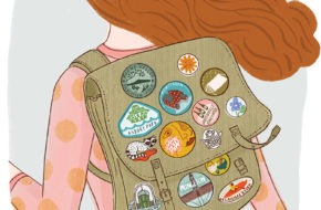 Illustration of a young girl wearing a backpack adorned with Jersey-centric badges.