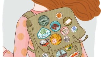 Illustration of a young girl wearing a backpack adorned with Jersey-centric badges.