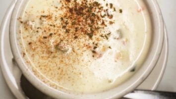 A bowl of New England white chowder at Chicken or the Egg