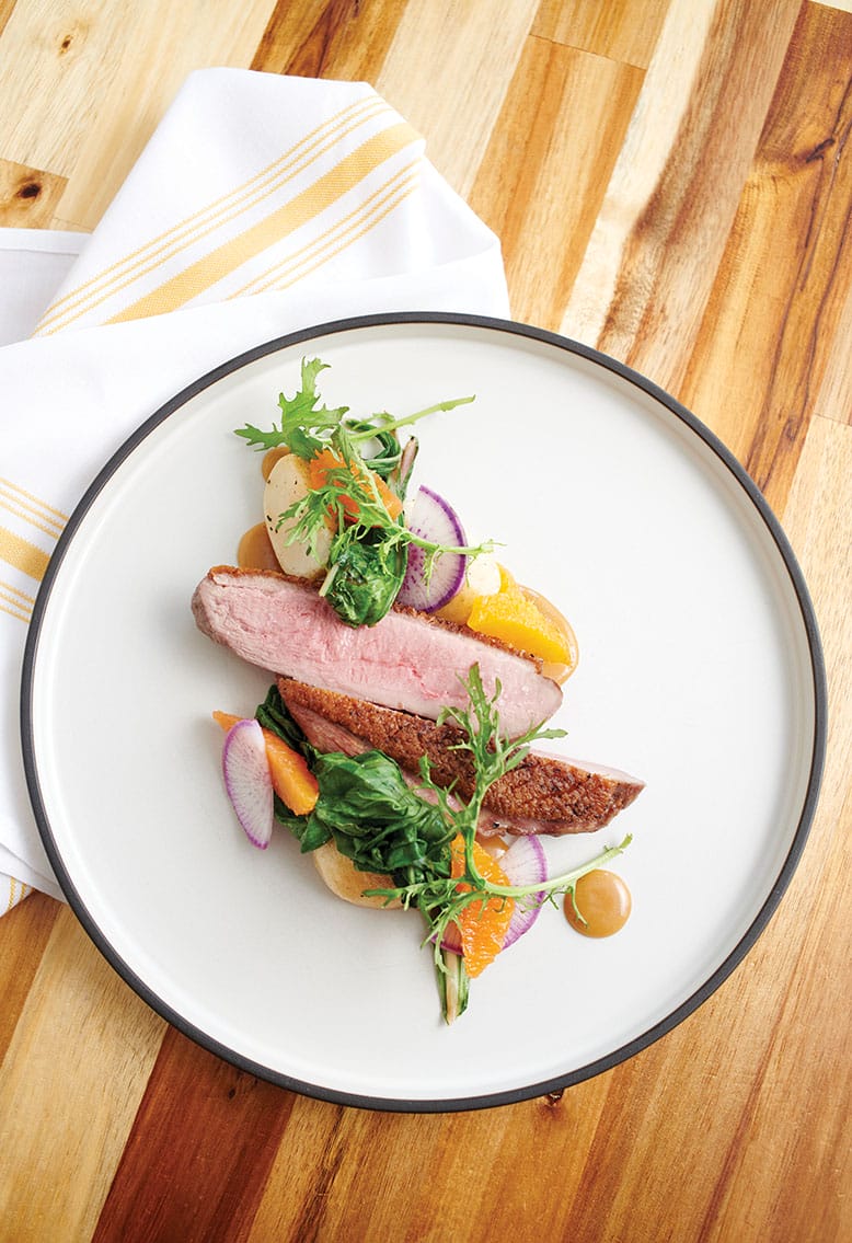 Duck breast with pine-nut honey, orange and turnip at Clemmy’s in Waretown