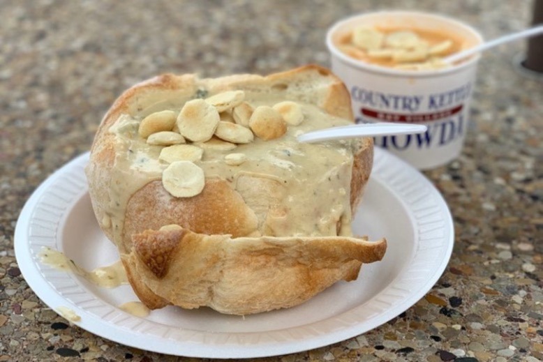 Country Kettle Chowda in a sourdough bread bowl topped with oyster crackers